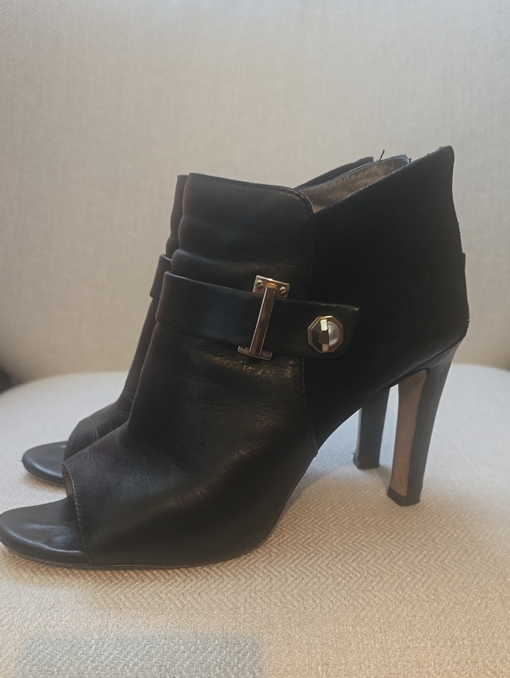 Louise et Cie Black Peep-Toe Leather Ankle Booties with Gold Accent
